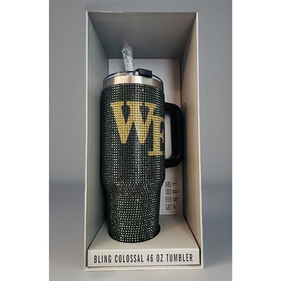 New Wake Forest 46 oz Tumbler WF Bling Colossal Black Rhinestones NCAA Straw NIB - Picture 1 of 13